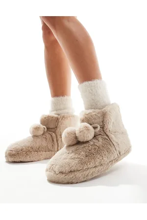 ASOS Zyla pom pom bootie slippers in mink