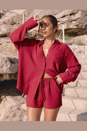 4th & Reckless X Luana Barron linen beach shirt co-ord in cherry