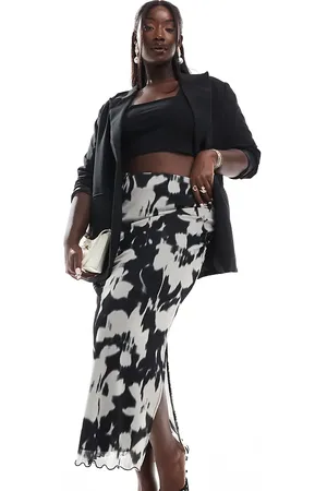 New Look New Look Curve blurred floral mesh midi skirt in black