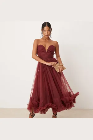 Lace & Beads Corset tulle ruffle hem midaxi dress in burgundy