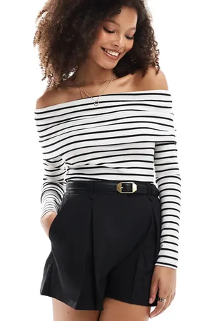 Miss Selfridge Rib deep fold over bardot top in stripe