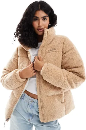 Columbia Puffect puffer sherpa jacket in canoe brown