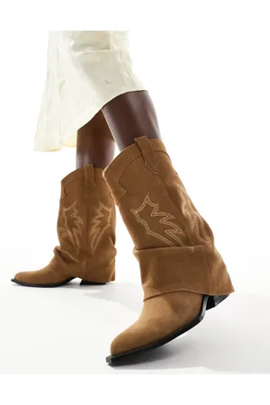 Stradivarius Real suede heeled fold over western boot in beige