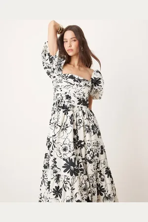 Abercrombie & Fitch Emerson floral midi dress with puff sleeves in /white