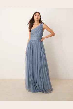 Lace & Beads Bridesmaid one shoulder tulle maxi dress in deep