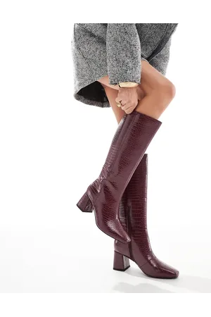 London Rebel Lara mid block heel knee boots in burgundy croc