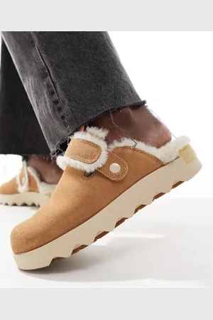sorel Viibe Cozy faux fur suede clogs in tawny buff and natural