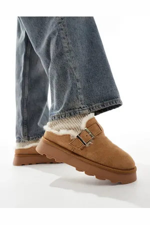South Beach Reach Sheep Skin Buckle Mules in Chestnut