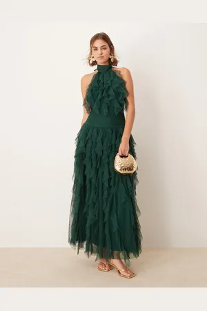 Lace & Beads Ruffle tulle maxi dress in forest