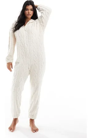 ASOS Lounge cable textured cloud fleece onesie in cream