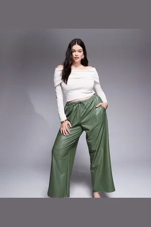 ASOS ASOS DESIGN Curve leather look tie waist wide leg trousers in