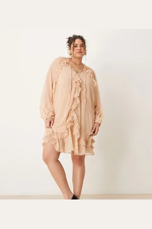 ASOS ASOS DESIGN Curve dobby chiffon mini dress with ruffles & blouson sleeve in peach