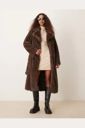 River Island Long faux fur coat with belt in dark