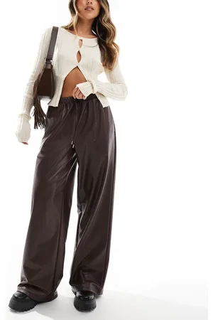 ASOS Leather look tie waist wide leg trousers in chocolate