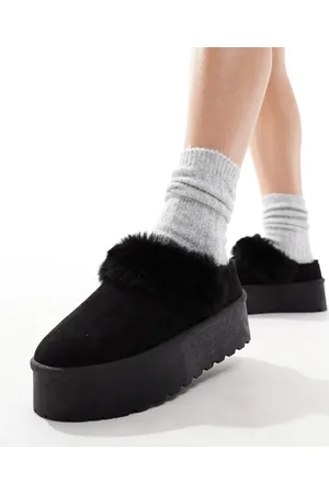 SEQWL Faux fur flatform mules in