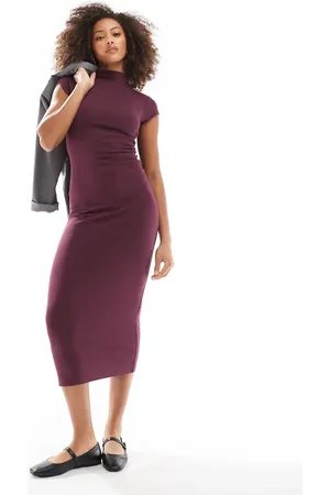 Pull&Bear Short sleeve midi dress with high neck in burgundy