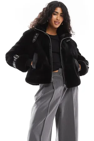 Bershka Buckle detail faux fur jacket in