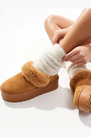 SEQWL Faux fur flatform mules in tan