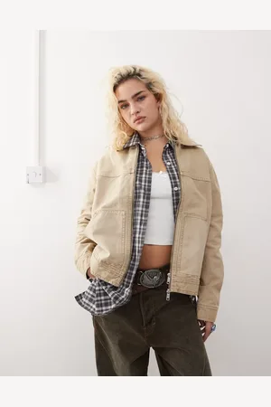 Monki Barn jacket with collar and front patch pockets in washed beige