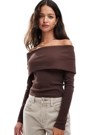 Miss Selfridge Rib deep fold over bardot top in chocolate