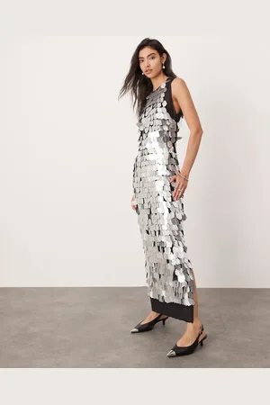 ASOS Raw edge irregular sequin open back midaxi dress in silver