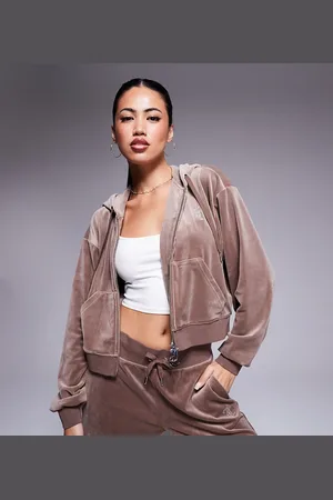 Juicy Couture Relaxed fit velour zip through hoodie in latte exclusive to asos