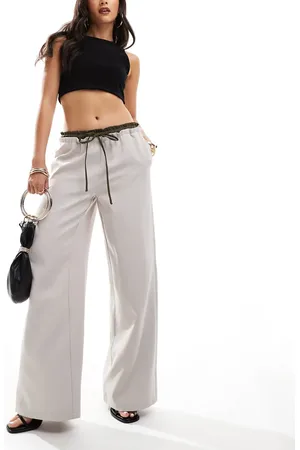 Kaiia Drawstring contrast waistband wide leg trousers in stone