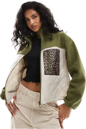 ONLY Teddy fleece jacket with leopard print pocket in khaki and cream
