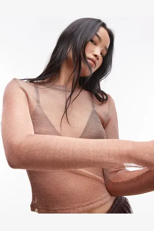 Topshop Sheer metallic long sleeve top in rose gold