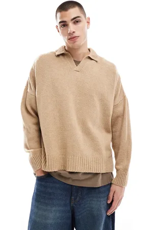 ASOS Super oversized boxy fit brushed knitted notch neck jumper in beige