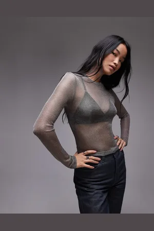 Topshop Sheer metallic long sleeve top in gunmetal
