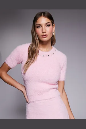 River Island Short sleeve fluffy knitted top co-ord in mid