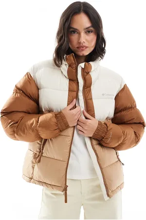 Columbia Pike Lake II cropped puffer jacket in canoe and chalk and camel brown