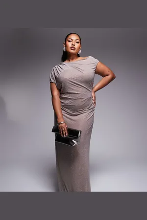 ASOS ASOS DESIGN Curve iridescent hotfix ruched off shoulder midi dress in