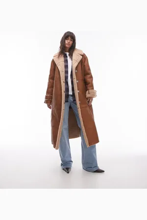 Topshop Faux leather shearling long aviator jacket in tan