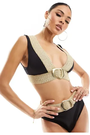 River Island High waist elastic buckle detail bikini bottom in