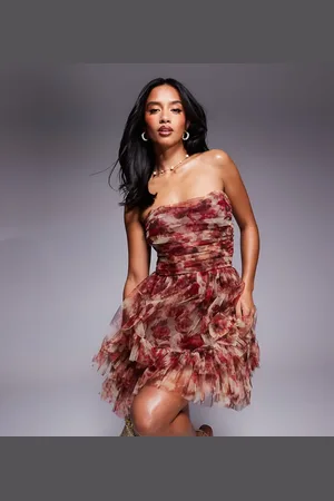Lace & Beads Tulle bandeau bow mini dress in rose floral
