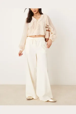 Pimkie Drawstring tie waist wide leg trousers in ecru