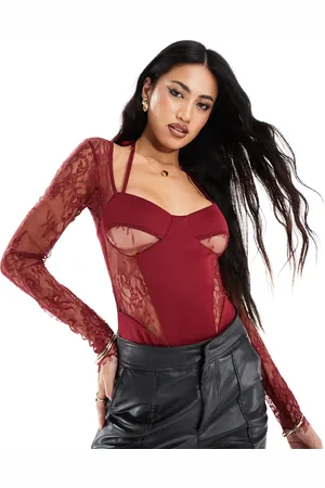 ASOS Lace insert corset bodysuit with shrug detail in burgundy