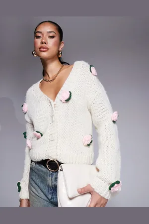 In The Style Knit cardigan with contrast applique flower detail in cream