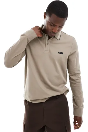 Calvin Klein Stretch pique tipped long sleeve polo in beige
