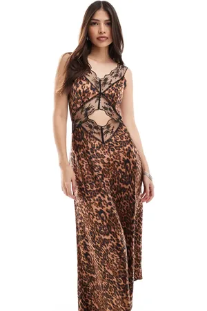 4th & Reckless Satin cut out lace midi dress in leopard print