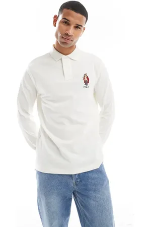 Ralph Lauren Holiday bear logo long sleeve pique polo classic oversized fit in beige