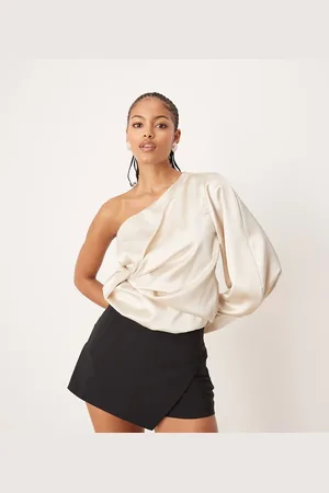 ASOS ASOS DESIGN Tall one shoulder satin wrap bodysuit in oyster