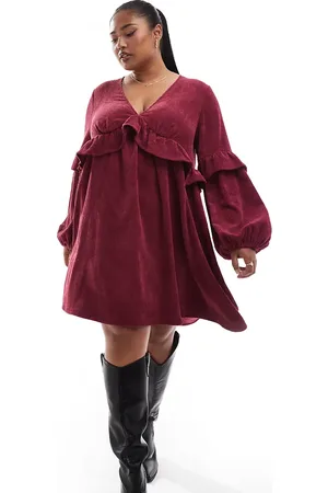 ASOS ASOS DESIGN curve cord smock mini dress with frill detail in burgundy
