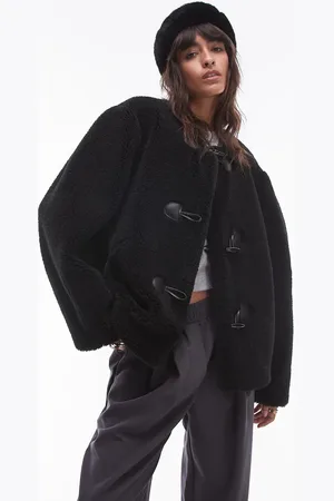 Topshop Toggle short collarless borg coat in