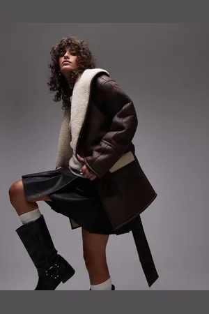 Topshop Belted faux suede jacket in and cream