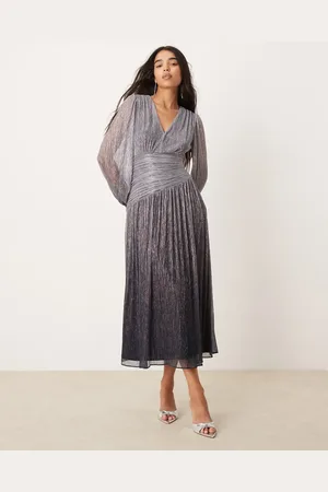 Forever New Drop hem asymmetric plisse maxi dress in silver ombre