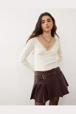 Miss Selfridge Long sleeve lace trim top in cream