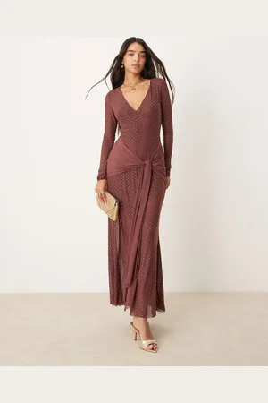 Forever New Long sleeve plunge hotfix maxi dress in chocolate